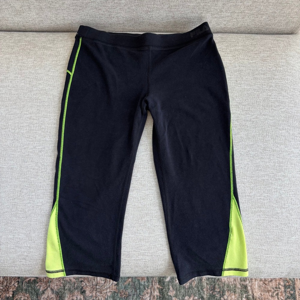 Vintage Fila Sport Capris XS Black Neon Green Contrast Stitch Y2K Athleisure